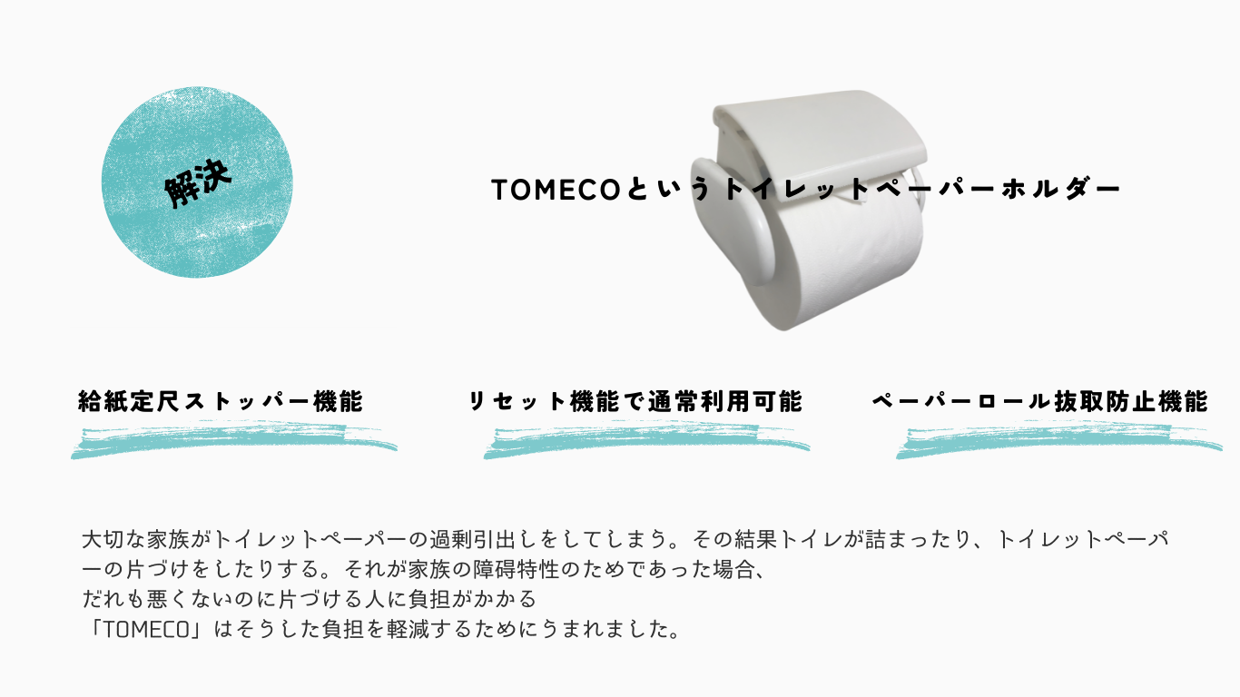 TOMECO 大切な家族がトイレットペーパーの過剰引き出しをしてしまう。その結果トイレが詰まったり、トイレットペーパーの片づけをしたりする。それが家族の障害特性のためであった場合、誰も悪くないのに片づける人に負担がかかる。「TOMECO」はそうした負担を軽減するためにうまれました。 